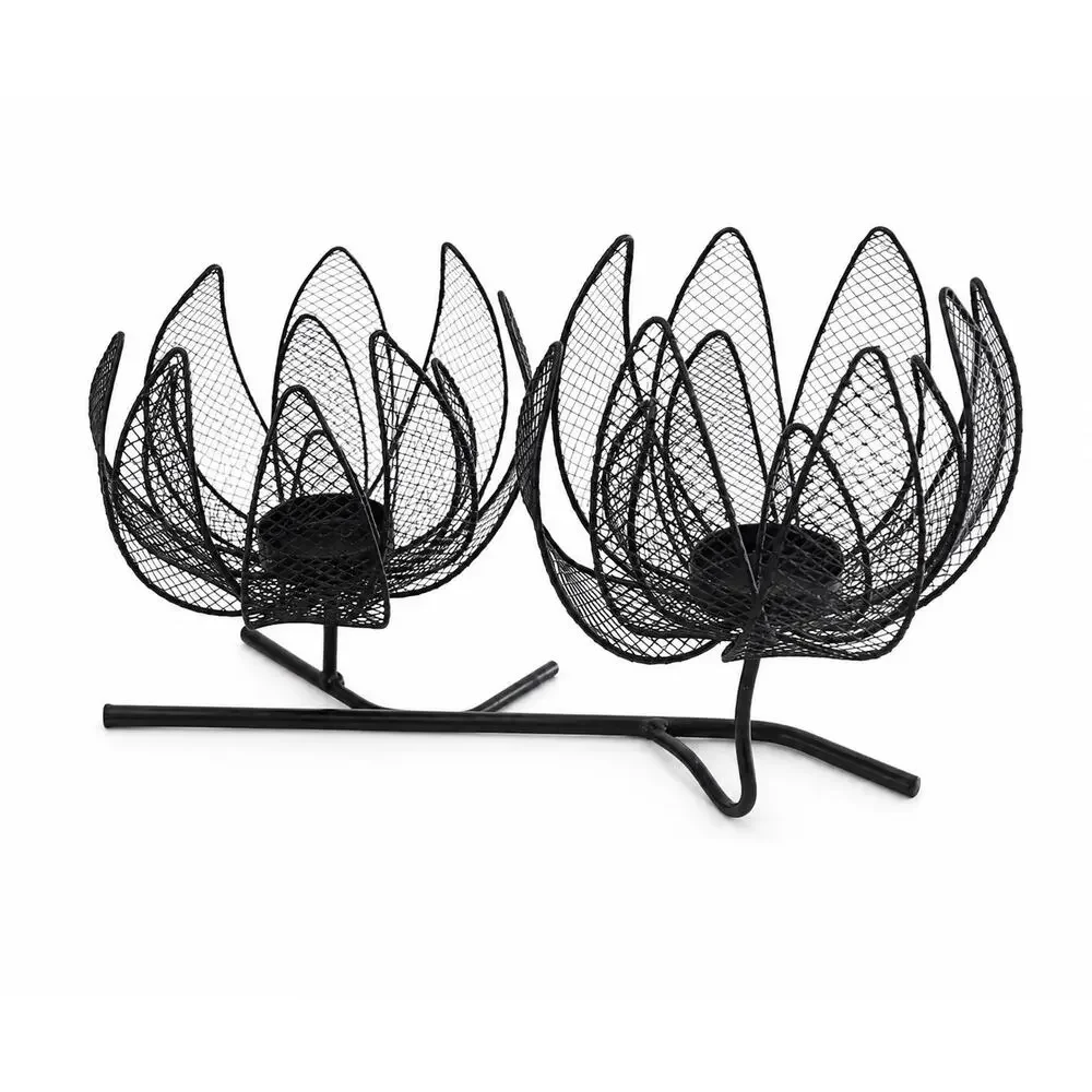 Black Metal Wire Lotus Flower Double Tealight Candle Holder – Centerpiece